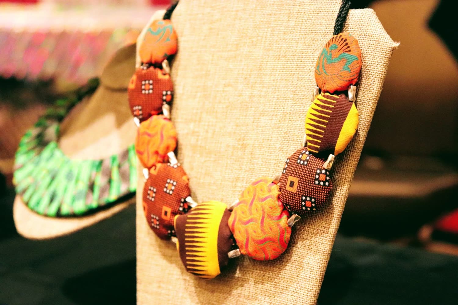 A hand-strung necklace of painted beads