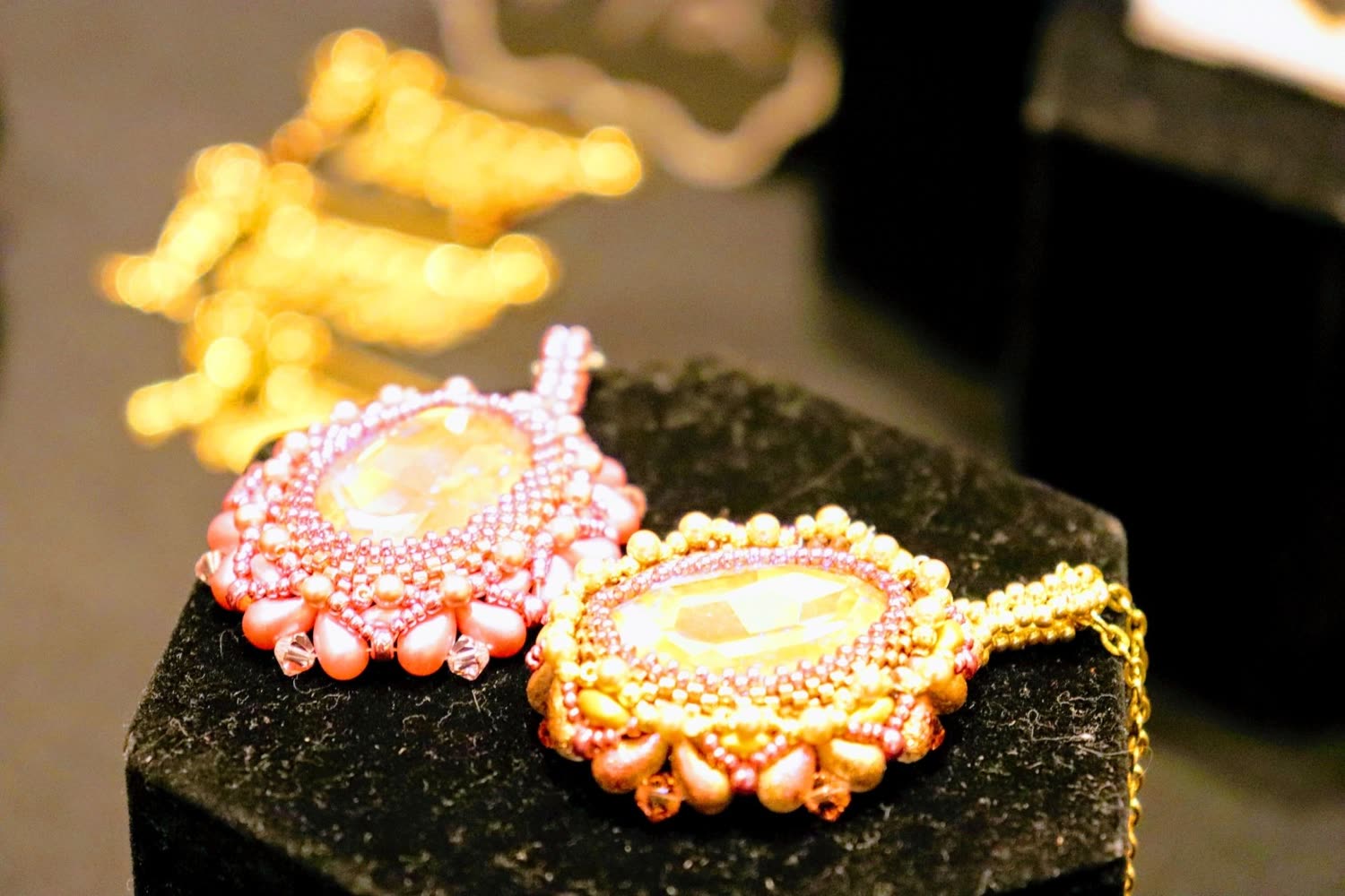 Beaded pendants on display