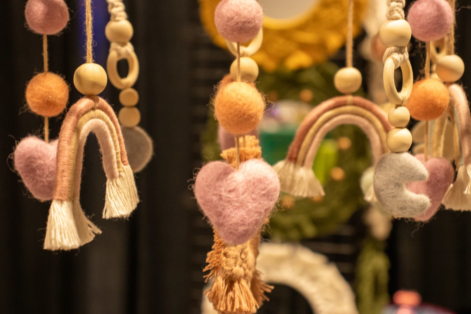 Hand-felted pom-pom hangings